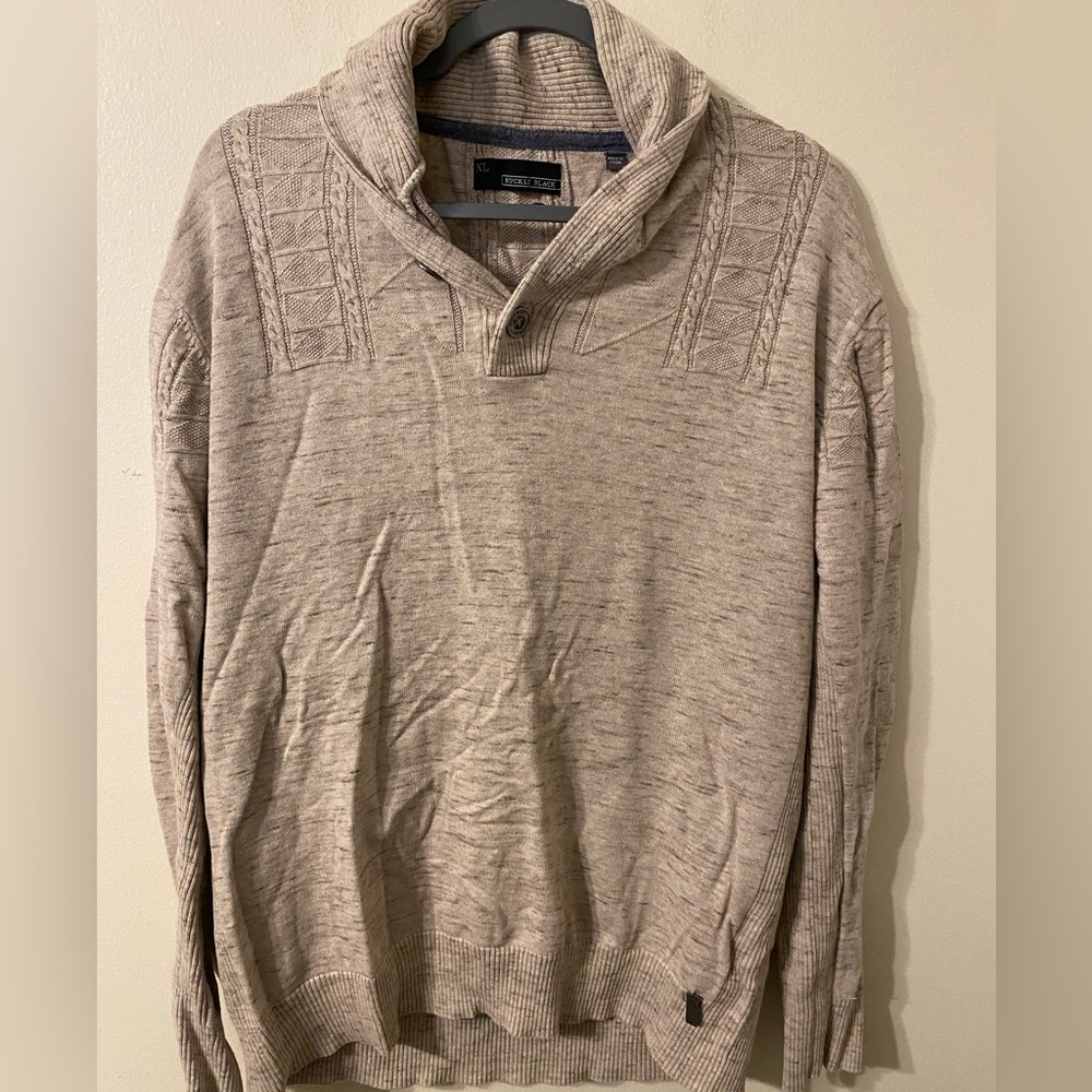 Mens Beige Tan Buckle Black Pullover 2-Button V-Neck Sweater 100% Cotton Size XL